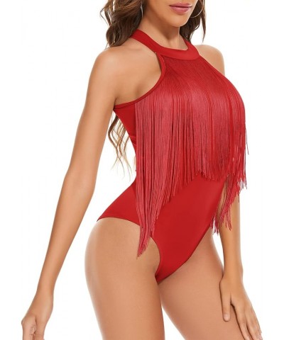 Women's Fringe Trim Sleeveless Cami Body Suits Concert Outfits Halter Bodysuit Tank Top Disco Outfit Red $13.99 Bodysuits