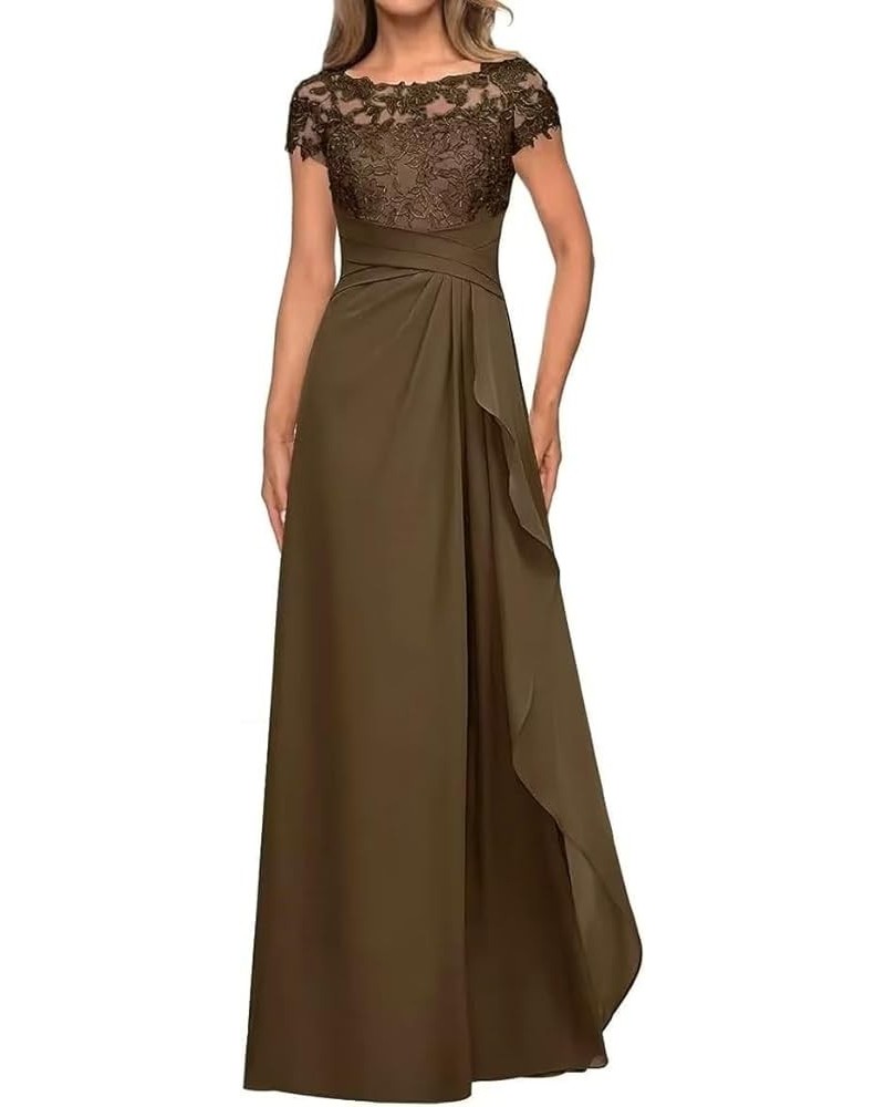 Mother of The Bride Dress for Wedding Long Chiffon Women's Groom Dresses with Short Sleeves Lace Appliques Prom Gowns Brown $...