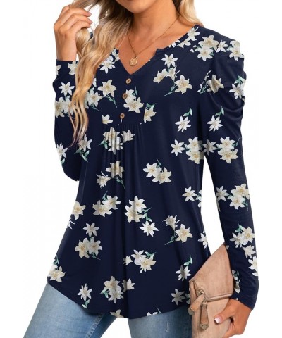 Womens Casual Fall Top V Neck Loose Tunic Button Pleated Blouses Blue - Lily $12.50 Blouses