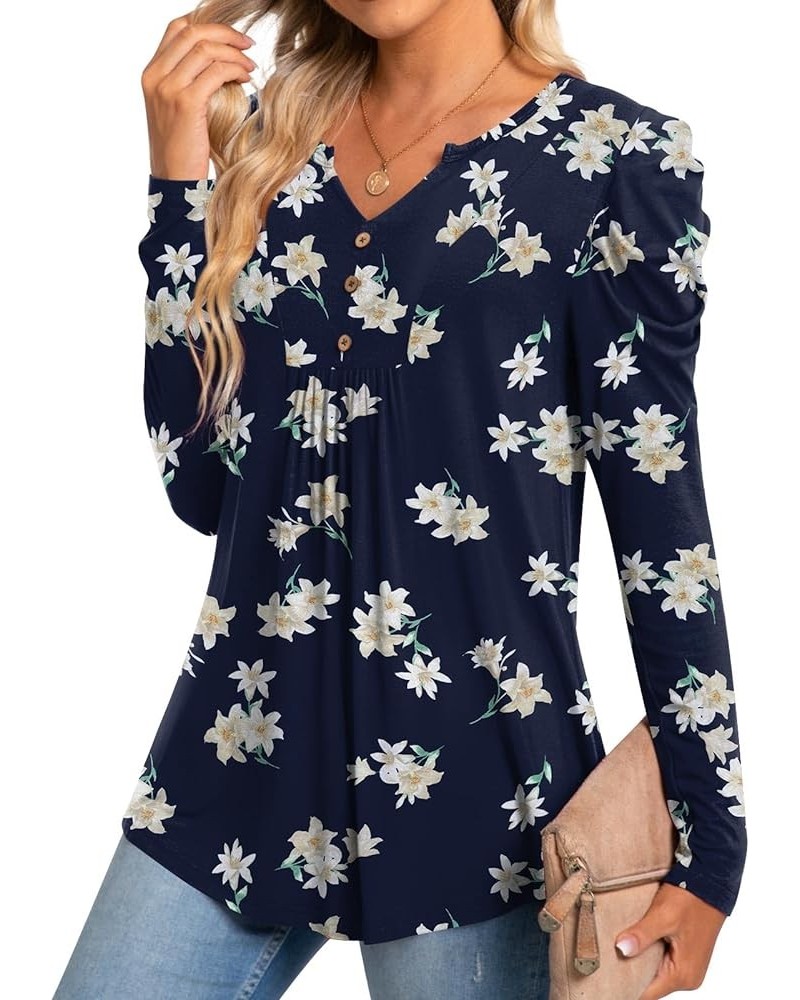 Womens Casual Fall Top V Neck Loose Tunic Button Pleated Blouses Blue - Lily $12.50 Blouses