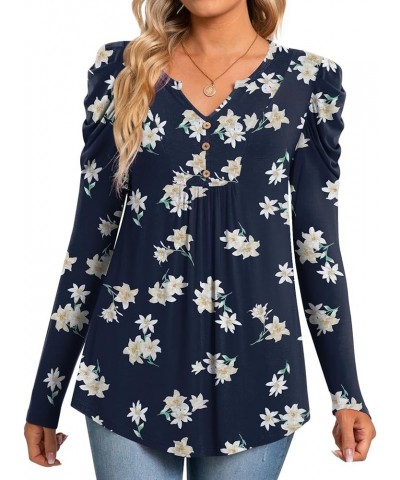 Womens Casual Fall Top V Neck Loose Tunic Button Pleated Blouses Blue - Lily $12.50 Blouses