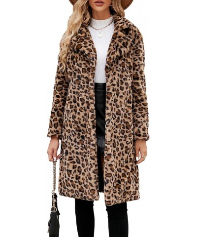 Women's Faux Fur Leopard Jacket Long Sleeve Lapel Fleece Jacket Fuzzy Winter Fluffy Coat Fall Winter Clothes Khaki $23.19 Jac...