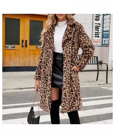 Women's Faux Fur Leopard Jacket Long Sleeve Lapel Fleece Jacket Fuzzy Winter Fluffy Coat Fall Winter Clothes Khaki $23.19 Jac...