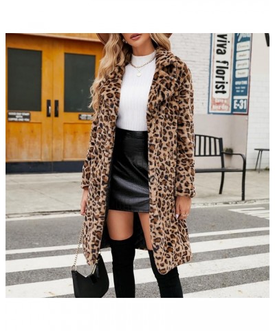 Women's Faux Fur Leopard Jacket Long Sleeve Lapel Fleece Jacket Fuzzy Winter Fluffy Coat Fall Winter Clothes Khaki $23.19 Jac...