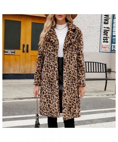 Women's Faux Fur Leopard Jacket Long Sleeve Lapel Fleece Jacket Fuzzy Winter Fluffy Coat Fall Winter Clothes Khaki $23.19 Jac...