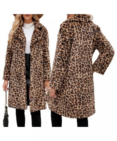 Women's Faux Fur Leopard Jacket Long Sleeve Lapel Fleece Jacket Fuzzy Winter Fluffy Coat Fall Winter Clothes Khaki $23.19 Jac...