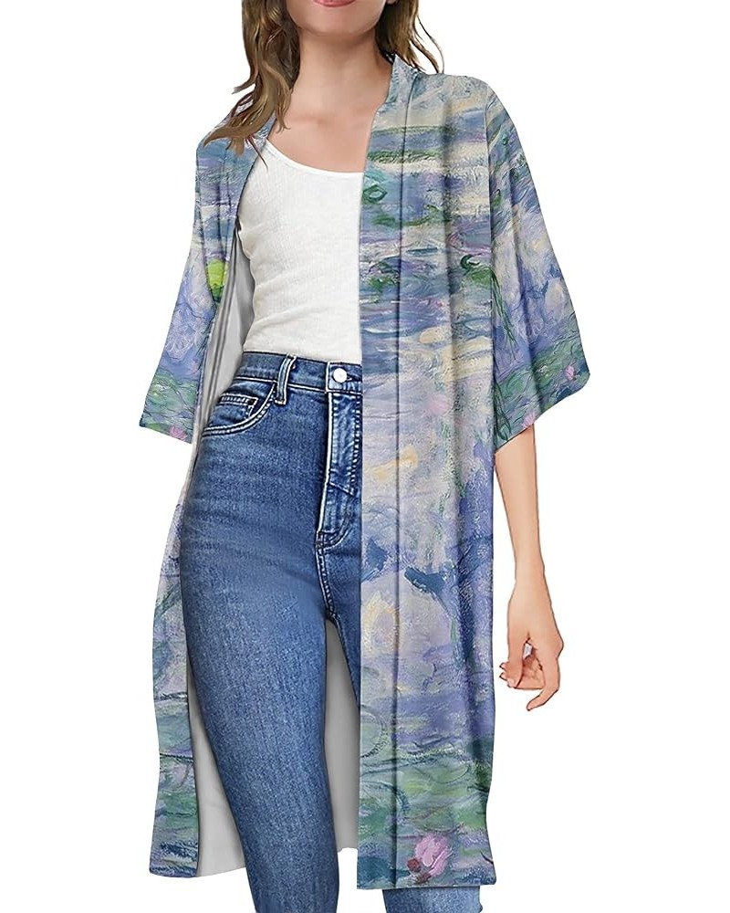 Women's Oil Painting Printed Long Open Front Van Gogh Cardigan Coats Outerwear Monet Water Lilies $13.24 Sweaters