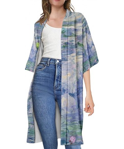 Women's Oil Painting Printed Long Open Front Van Gogh Cardigan Coats Outerwear Monet Water Lilies $13.24 Sweaters