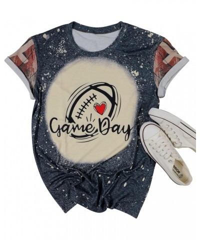 Game Day Shirt Women Cute Football T Shirt Bleached Rugby Ball Graphic Tee Sunday Casual Short Sleeve Tops Gray $10.39 T-Shirts