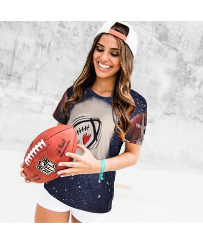 Game Day Shirt Women Cute Football T Shirt Bleached Rugby Ball Graphic Tee Sunday Casual Short Sleeve Tops Gray $10.39 T-Shirts