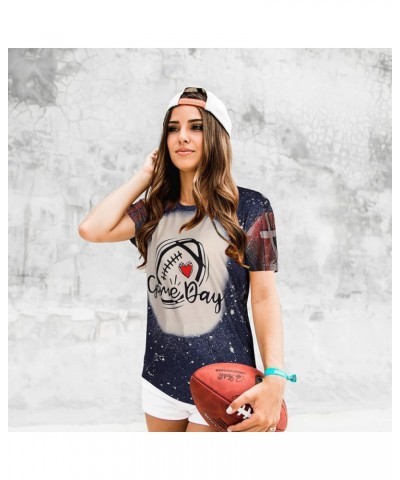 Game Day Shirt Women Cute Football T Shirt Bleached Rugby Ball Graphic Tee Sunday Casual Short Sleeve Tops Gray $10.39 T-Shirts