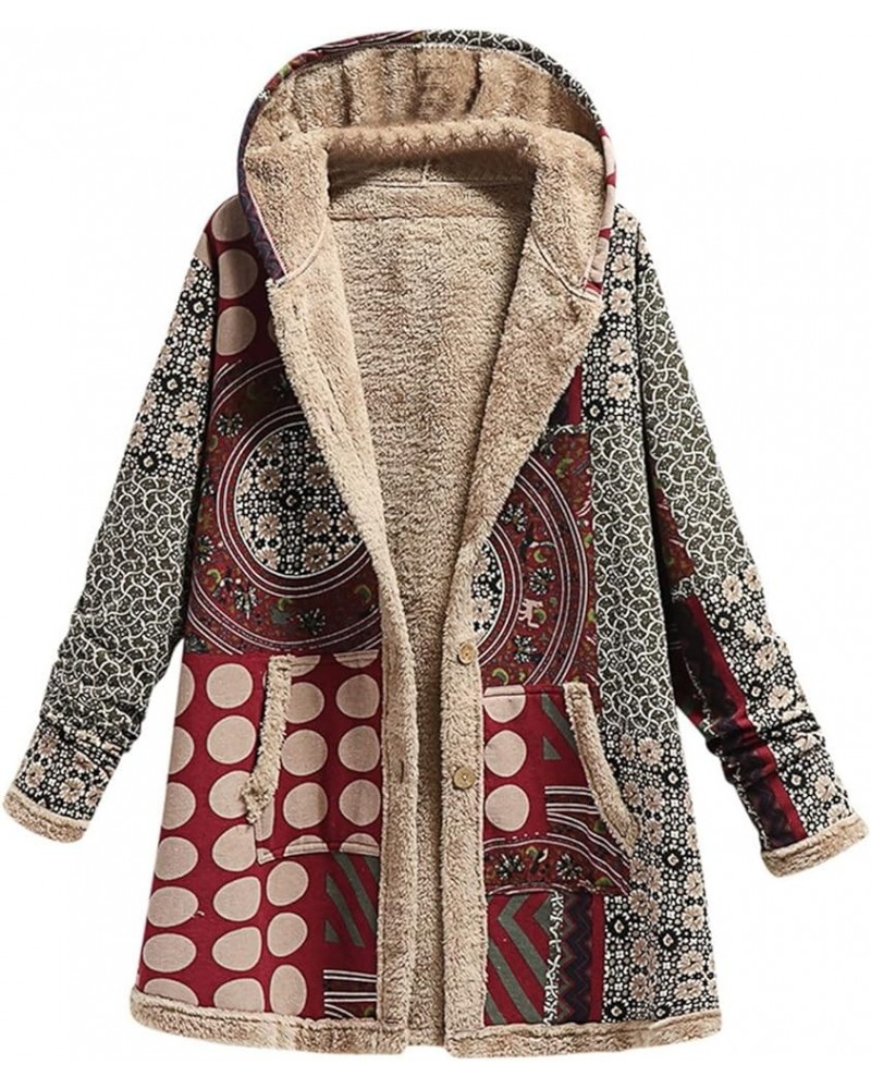 Women's Trendy Ethnic Style Fleece Caot Winter Lounge Long Sleeve Printed Button Down Hooded Jacket with Pocket Wine $14.10 J...