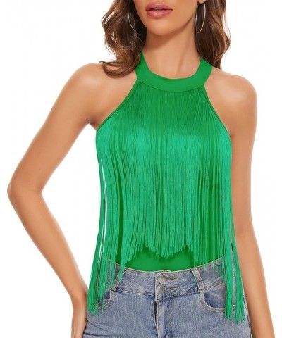 Fringe Top Sleeveless Bodysuit Halter Neck Leotard Concert Outfits Festival Clothing For Women Sexy Bodycon Green $13.50 Body...