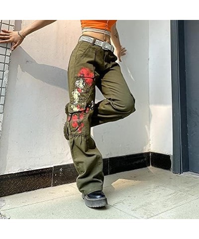 Women Gothic Cargo Pants Loose Low Waist Trousers Wide Leg Baggy Jeans Harajuku Streetwear Punk Green Pockets Red $12.36 Jeans