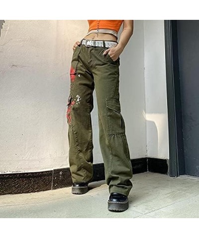 Women Gothic Cargo Pants Loose Low Waist Trousers Wide Leg Baggy Jeans Harajuku Streetwear Punk Green Pockets Red $12.36 Jeans