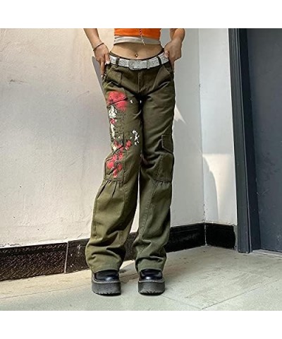 Women Gothic Cargo Pants Loose Low Waist Trousers Wide Leg Baggy Jeans Harajuku Streetwear Punk Green Pockets Red $12.36 Jeans