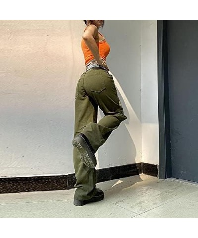 Women Gothic Cargo Pants Loose Low Waist Trousers Wide Leg Baggy Jeans Harajuku Streetwear Punk Green Pockets Red $12.36 Jeans