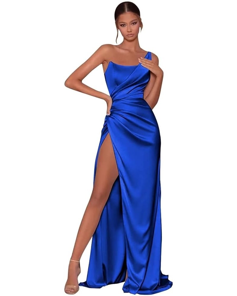 Women's Mermaid One Shoulder Prom Dresses Long Pleated Satin Formal Evening Gown with Slit Royal Blue $26.65 Dresses