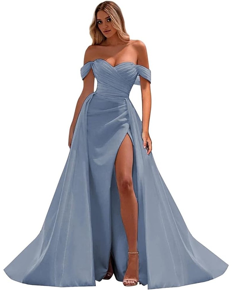 Off The Shoulder Mermaid Prom Dresses for Woman 2024 Satin Split Formal Evening Party Gown with Train Dusty Blue $29.20 Dresses