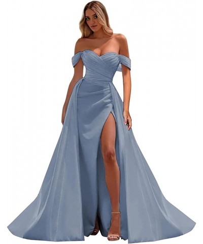 Off The Shoulder Mermaid Prom Dresses for Woman 2024 Satin Split Formal Evening Party Gown with Train Dusty Blue $29.20 Dresses