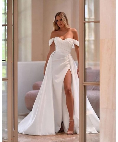 Off The Shoulder Mermaid Prom Dresses for Woman 2024 Satin Split Formal Evening Party Gown with Train Dusty Blue $29.20 Dresses