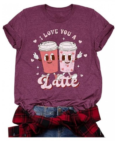 I Love You A Latte Shirt Funny Coffee Love Heart Graphic Short Sleeve T Shirt Groovy Valentine's Day Gift Tee Tops A1 Purple1...