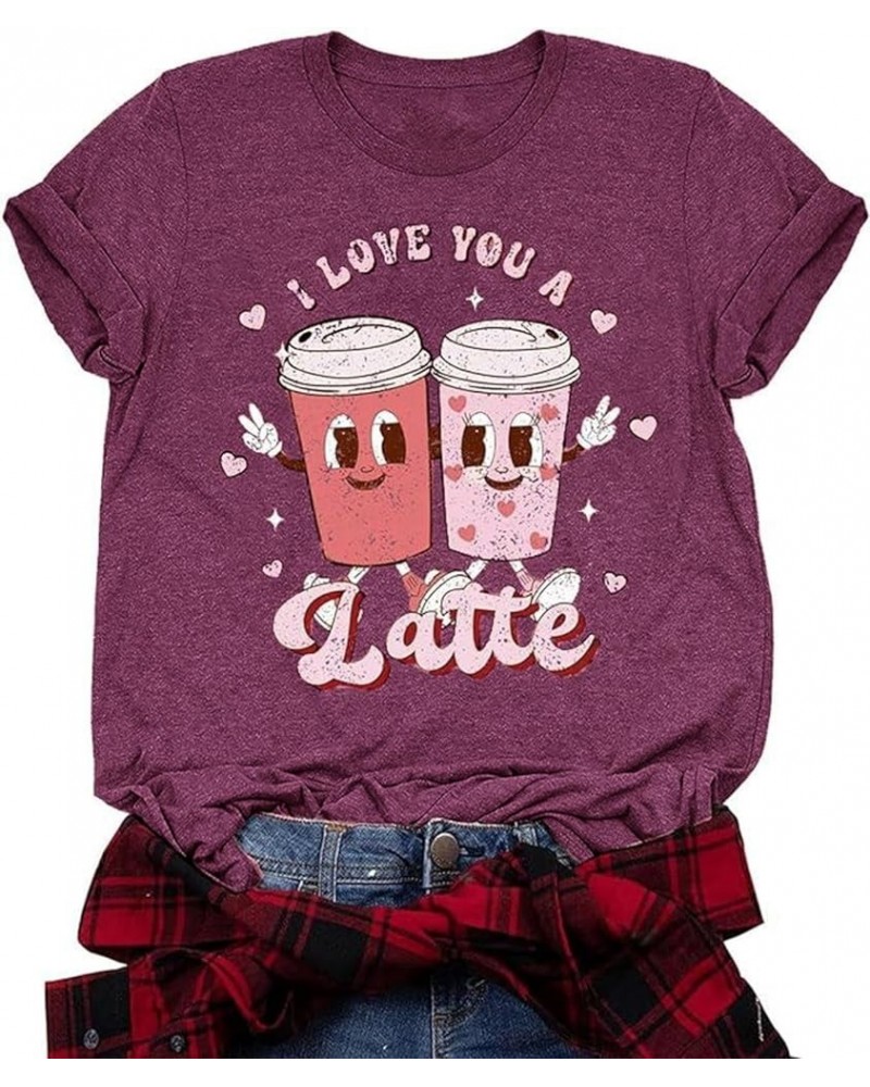 I Love You A Latte Shirt Funny Coffee Love Heart Graphic Short Sleeve T Shirt Groovy Valentine's Day Gift Tee Tops A1 Purple1...