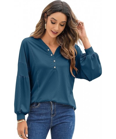 Women V Neck Long Sleeve Button Henley Shirts Loose Ribbed Blouse Casual Lantern Sleeve Tunic Tops Blue $10.80 Tops