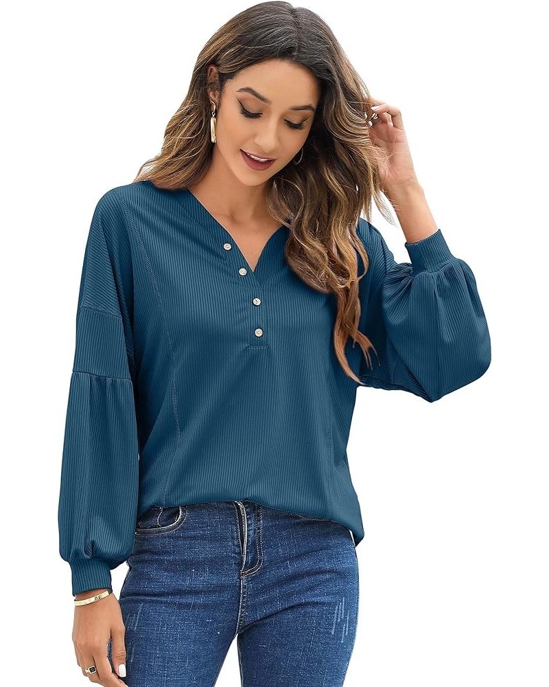 Women V Neck Long Sleeve Button Henley Shirts Loose Ribbed Blouse Casual Lantern Sleeve Tunic Tops Blue $10.80 Tops