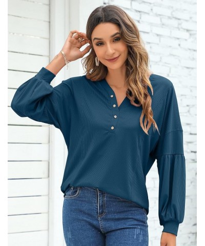 Women V Neck Long Sleeve Button Henley Shirts Loose Ribbed Blouse Casual Lantern Sleeve Tunic Tops Blue $10.80 Tops