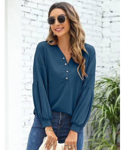 Women V Neck Long Sleeve Button Henley Shirts Loose Ribbed Blouse Casual Lantern Sleeve Tunic Tops Blue $10.80 Tops