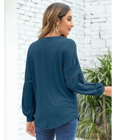 Women V Neck Long Sleeve Button Henley Shirts Loose Ribbed Blouse Casual Lantern Sleeve Tunic Tops Blue $10.80 Tops