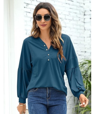 Women V Neck Long Sleeve Button Henley Shirts Loose Ribbed Blouse Casual Lantern Sleeve Tunic Tops Blue $10.80 Tops