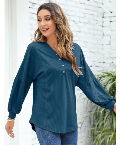 Women V Neck Long Sleeve Button Henley Shirts Loose Ribbed Blouse Casual Lantern Sleeve Tunic Tops Blue $10.80 Tops