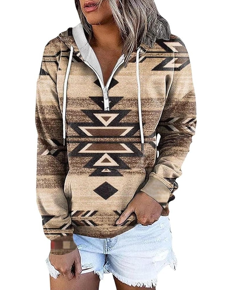 Womens Aztec Hoodie Jacket 1/4 Zip Pullover Drawstring Sweatshirt Graphic Country Western Aztec Sweaters for Women Brown Azte...