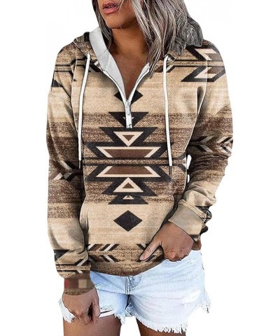 Womens Aztec Hoodie Jacket 1/4 Zip Pullover Drawstring Sweatshirt Graphic Country Western Aztec Sweaters for Women Brown Azte...