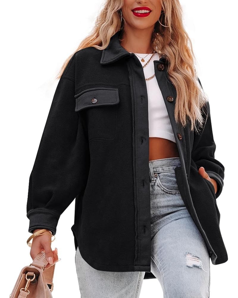 Women's Fleece Button Down Shacket Oversized Long Sleeve Jacket Warm Sherpa Coat with Pockets Black $13.74 Jackets