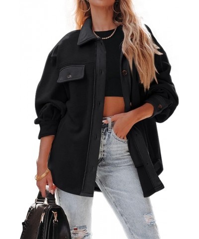 Women's Fleece Button Down Shacket Oversized Long Sleeve Jacket Warm Sherpa Coat with Pockets Black $13.74 Jackets