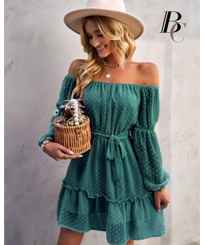 Women Dress Off Shoulder Chiffon Ladies Dress Elastic Neck Long Sleeve Dress with Lining and Waistband Green $20.51 Dresses