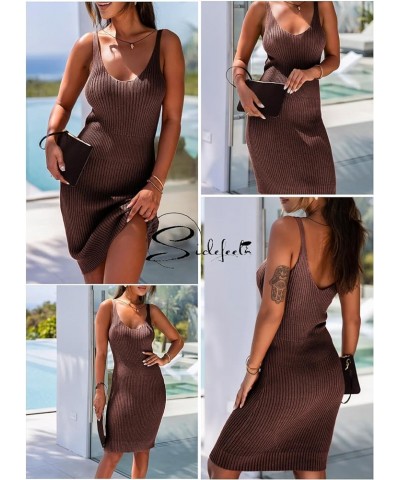 Womens 2024 Summer Sexy Ribbed Bodycon Tank Dresses Basic V Neck Sleeveless Knit Club Mini Dress Brown $15.40 Dresses