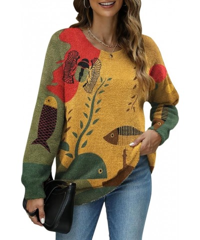 Women Graphic Oversized Sweater Crew Neck Long Sleeve Boho Printed Loose Fit Casual Knit Pullover Sweaters Top Fish $20.16 Sw...