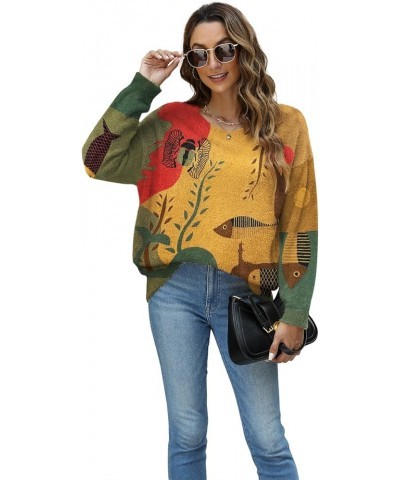 Women Graphic Oversized Sweater Crew Neck Long Sleeve Boho Printed Loose Fit Casual Knit Pullover Sweaters Top Fish $20.16 Sw...