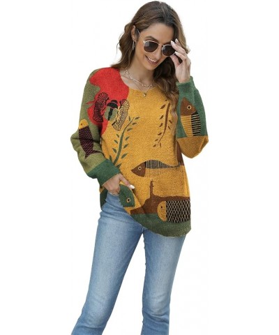 Women Graphic Oversized Sweater Crew Neck Long Sleeve Boho Printed Loose Fit Casual Knit Pullover Sweaters Top Fish $20.16 Sw...