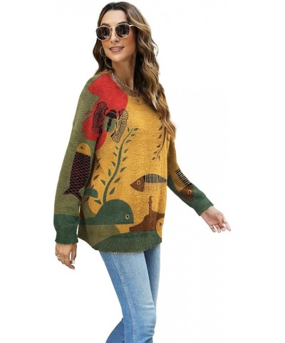 Women Graphic Oversized Sweater Crew Neck Long Sleeve Boho Printed Loose Fit Casual Knit Pullover Sweaters Top Fish $20.16 Sw...