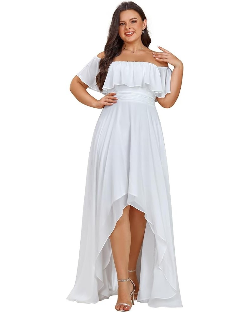 Women's Off Shoulder Ruffle Sleeve High Low A Line Curve Long Bridesmaid Dresses 01736-DA White $29.92 Dresses