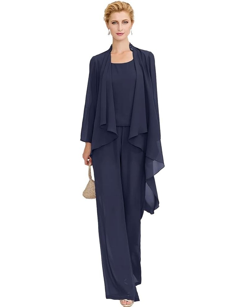 Mother-of-The-Bride-Pantsuits Jacket Chiffon Wedding Outfit - Long Pleat Mother of The Groom Jumpsuits Navy Blue $49.00 Suits