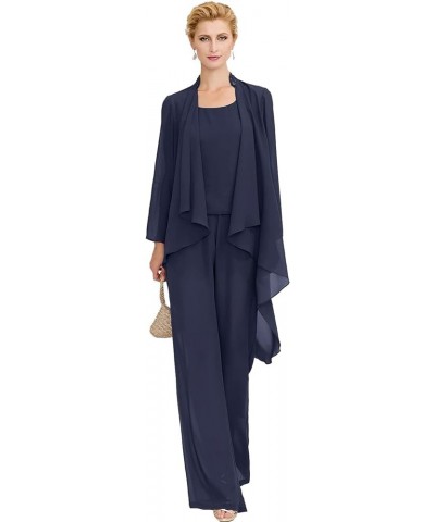 Mother-of-The-Bride-Pantsuits Jacket Chiffon Wedding Outfit - Long Pleat Mother of The Groom Jumpsuits Navy Blue $49.00 Suits