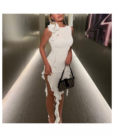 Women Sexy Sleeveless Slit Dress Solid Color 3D Flower Sheer Mesh Irregular Ruffled Hem Tassels Dresses Streetwear D-white $9...