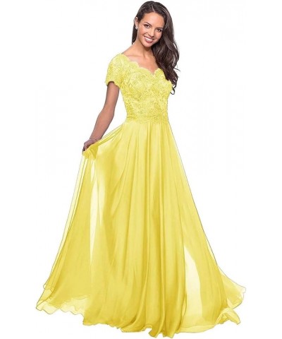 Lace Applique Chiffon Mother of The Bride Dress Long A Line Short Sleeves V Neck Wedding Party Gowns for Women CA48 Yellow $4...