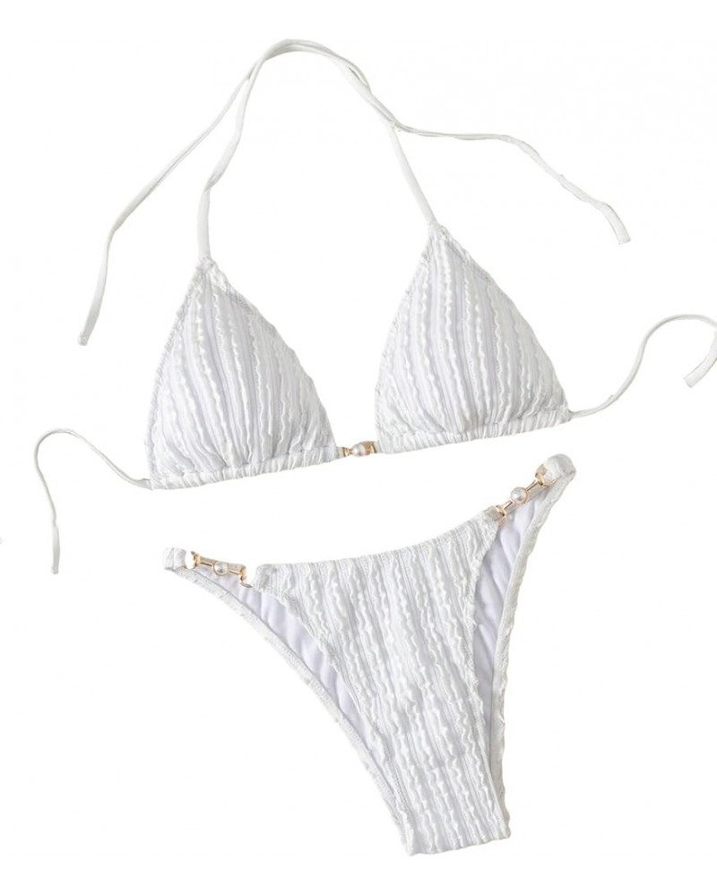 Women's Sexy Lace Striped Solid Swimsuit 2 Piece Halter Triangle Top Ring Linked Bikini Set Solid White $17.97 Swimsuits